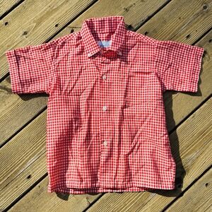 Vintage 70s Kids Gingham Shirt Red Check Button Up Montgomery Wards Size 6
